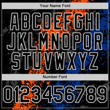 Load image into Gallery viewer, Custom Black Orange Royal-White Splash Art 3D Pattern Design Bomber Full-Snap Varsity Letterman Hoodie Jacket