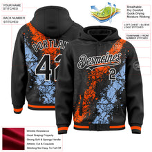 Load image into Gallery viewer, Custom Black Orange Light Blue-White Splash Art 3D Pattern Design Bomber Full-Snap Varsity Letterman Hoodie Jacket