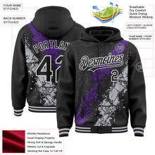 Load image into Gallery viewer, Custom Black Purple Gray-White Splash Art 3D Pattern Design Bomber Full-Snap Varsity Letterman Hoodie Jacket