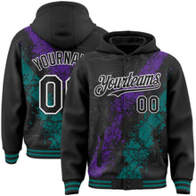 Load image into Gallery viewer, Custom Black Purple Teal-White Splash Art 3D Pattern Design Bomber Full-Snap Varsity Letterman Hoodie Jacket