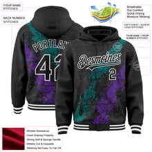 Load image into Gallery viewer, Custom Black Teal Purple-White Splash Art 3D Pattern Design Bomber Full-Snap Varsity Letterman Hoodie Jacket