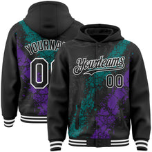 Load image into Gallery viewer, Custom Black Teal Purple-White Splash Art 3D Pattern Design Bomber Full-Snap Varsity Letterman Hoodie Jacket