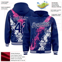 Load image into Gallery viewer, Custom Royal Pink-White Splash Art 3D Pattern Design Bomber Full-Snap Varsity Letterman Hoodie Jacket