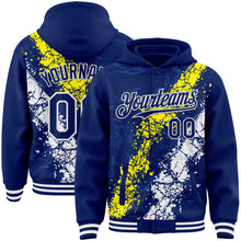 Load image into Gallery viewer, Custom Royal Light Yellow-White Splash Art 3D Pattern Design Bomber Full-Snap Varsity Letterman Hoodie Jacket
