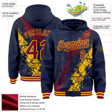 Load image into Gallery viewer, Custom Navy Crimson-Gold Splash Art 3D Pattern Design Bomber Full-Snap Varsity Letterman Hoodie Jacket