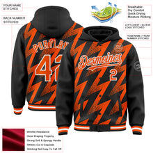 Load image into Gallery viewer, Custom Black Orange-White Zigzag Shape 3D Pattern Design Bomber Full-Snap Varsity Letterman Hoodie Jacket