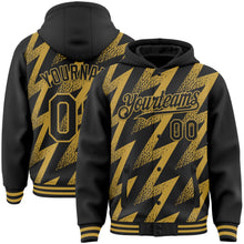Load image into Gallery viewer, Custom Black Old Gold Zigzag Shape 3D Pattern Design Bomber Full-Snap Varsity Letterman Hoodie Jacket