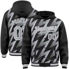 Load image into Gallery viewer, Custom Black Gray-White Zigzag Shape 3D Pattern Design Bomber Full-Snap Varsity Letterman Hoodie Jacket
