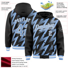 Load image into Gallery viewer, Custom Black Light Blue-White Zigzag Shape 3D Pattern Design Bomber Full-Snap Varsity Letterman Hoodie Jacket