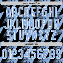 Load image into Gallery viewer, Custom Black Light Blue-White Zigzag Shape 3D Pattern Design Bomber Full-Snap Varsity Letterman Hoodie Jacket