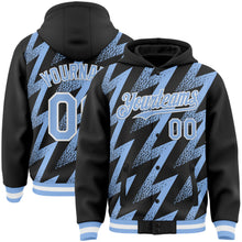 Load image into Gallery viewer, Custom Black Light Blue-White Zigzag Shape 3D Pattern Design Bomber Full-Snap Varsity Letterman Hoodie Jacket
