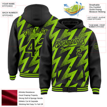 Load image into Gallery viewer, Custom Black Neon Green Zigzag Shape 3D Pattern Design Bomber Full-Snap Varsity Letterman Hoodie Jacket