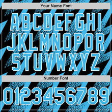 Load image into Gallery viewer, Custom Black Sky Blue-White Zigzag Shape 3D Pattern Design Bomber Full-Snap Varsity Letterman Hoodie Jacket