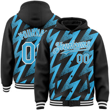 Load image into Gallery viewer, Custom Black Sky Blue-White Zigzag Shape 3D Pattern Design Bomber Full-Snap Varsity Letterman Hoodie Jacket
