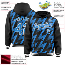 Загрузить изображение в средство просмотра галереи, Custom Black Powder Blue-White Zigzag Shape 3D Pattern Design Bomber Full-Snap Varsity Letterman Hoodie Jacket