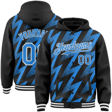 Загрузить изображение в средство просмотра галереи, Custom Black Powder Blue-White Zigzag Shape 3D Pattern Design Bomber Full-Snap Varsity Letterman Hoodie Jacket