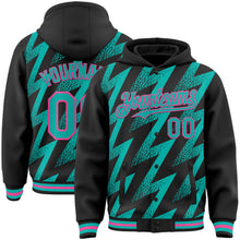 Load image into Gallery viewer, Custom Black Aqua-Pink Zigzag Shape 3D Pattern Design Bomber Full-Snap Varsity Letterman Hoodie Jacket