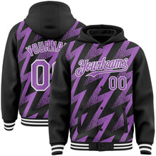 Load image into Gallery viewer, Custom Black Medium Purple-White Zigzag Shape 3D Pattern Design Bomber Full-Snap Varsity Letterman Hoodie Jacket