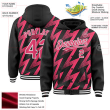Load image into Gallery viewer, Custom Black Neon Pink-White Zigzag Shape 3D Pattern Design Bomber Full-Snap Varsity Letterman Hoodie Jacket
