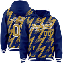 Load image into Gallery viewer, Custom Royal Old Gold-White Zigzag Shape 3D Pattern Design Bomber Full-Snap Varsity Letterman Hoodie Jacket
