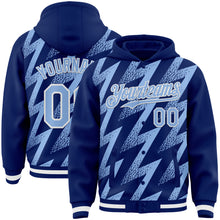 Load image into Gallery viewer, Custom Royal Light Blue-White Zigzag Shape 3D Pattern Design Bomber Full-Snap Varsity Letterman Hoodie Jacket