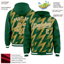 Загрузить изображение в средство просмотра галереи, Custom Kelly Green Old Gold-White Zigzag Shape 3D Pattern Design Bomber Full-Snap Varsity Letterman Hoodie Jacket