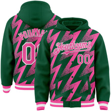 Load image into Gallery viewer, Custom Kelly Green Pink-White Zigzag Shape 3D Pattern Design Bomber Full-Snap Varsity Letterman Hoodie Jacket