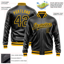 Load image into Gallery viewer, Custom Black Black-Gold Bomber Full-Snap Varsity Faux Leather Letterman Jacket