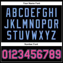 Load image into Gallery viewer, Custom Black Pink-Light Blue Bomber Full-Snap Varsity Faux Leather Letterman Jacket