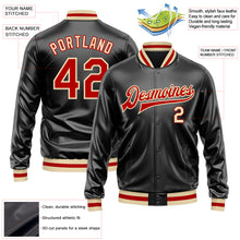 Load image into Gallery viewer, Custom Black Red-Cream Bomber Full-Snap Varsity Faux Leather Letterman Jacket