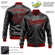 Load image into Gallery viewer, Custom Black Black-Red Bomber Full-Snap Varsity Faux Leather Letterman Jacket