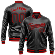 Load image into Gallery viewer, Custom Black Black-Red Bomber Full-Snap Varsity Faux Leather Letterman Jacket