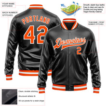 Load image into Gallery viewer, Custom Black Orange-White Bomber Full-Snap Varsity Faux Leather Letterman Jacket