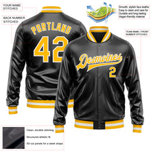 Load image into Gallery viewer, Custom Black Gold-White Bomber Full-Snap Varsity Faux Leather Letterman Jacket