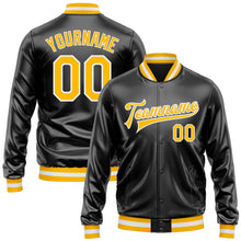 Load image into Gallery viewer, Custom Black Gold-White Bomber Full-Snap Varsity Faux Leather Letterman Jacket