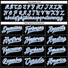 Load image into Gallery viewer, Custom Black Light Blue-White Bomber Full-Snap Varsity Faux Leather Letterman Jacket