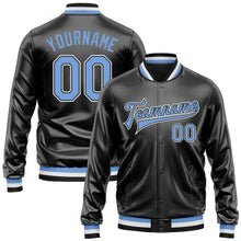 Загрузить изображение в средство просмотра галереи, Custom Black Light Blue-White Bomber Full-Snap Varsity Faux Leather Letterman Jacket