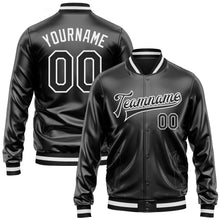 Load image into Gallery viewer, Custom Black Black-White Bomber Full-Snap Varsity Faux Leather Letterman Jacket