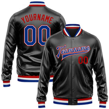 Загрузить изображение в средство просмотра галереи, Custom Black Royal-Red Bomber Full-Snap Varsity Faux Leather Letterman Jacket