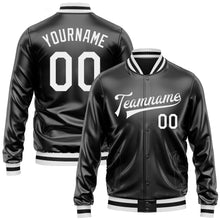 Загрузить изображение в средство просмотра галереи, Custom Black White Bomber Full-Snap Varsity Faux Leather Letterman Jacket