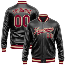 Загрузить изображение в средство просмотра галереи, Custom Black Maroon-Cream Bomber Full-Snap Varsity Faux Leather Letterman Jacket