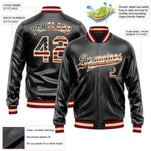 Load image into Gallery viewer, Custom Black Vintage USA Flag-Cream Bomber Full-Snap Varsity Faux Leather Letterman Jacket