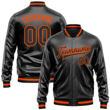 Загрузить изображение в средство просмотра галереи, Custom Black Black-Orange Bomber Full-Snap Varsity Faux Leather Letterman Jacket