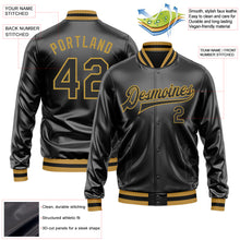 Загрузить изображение в средство просмотра галереи, Custom Black Black-Old Gold Bomber Full-Snap Varsity Faux Leather Letterman Jacket