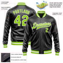 Загрузить изображение в средство просмотра галереи, Custom Black Neon Green-White Bomber Full-Snap Varsity Faux Leather Letterman Jacket