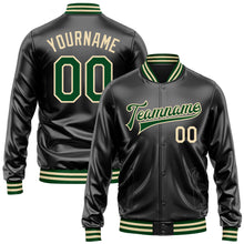 Загрузить изображение в средство просмотра галереи, Custom Black Green-Cream Bomber Full-Snap Varsity Faux Leather Letterman Jacket