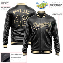 Загрузить изображение в средство просмотра галереи, Custom Black Black-Cream Bomber Full-Snap Varsity Faux Leather Letterman Jacket