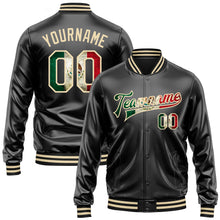 Load image into Gallery viewer, Custom Black Vintage Mexican Flag-Cream Bomber Full-Snap Varsity Faux Leather Letterman Jacket