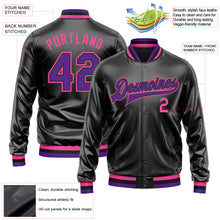 Load image into Gallery viewer, Custom Black Purple-Pink Bomber Full-Snap Varsity Faux Leather Letterman Jacket