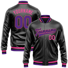 Load image into Gallery viewer, Custom Black Purple-Pink Bomber Full-Snap Varsity Faux Leather Letterman Jacket